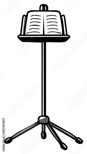 Black and white illustration of a music stand with an open book for sheet music