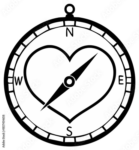 Heart shaped compass guiding direction with north south east west markers