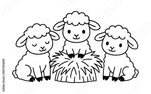 Cute cartoon lambs with hay bale in simple outline style