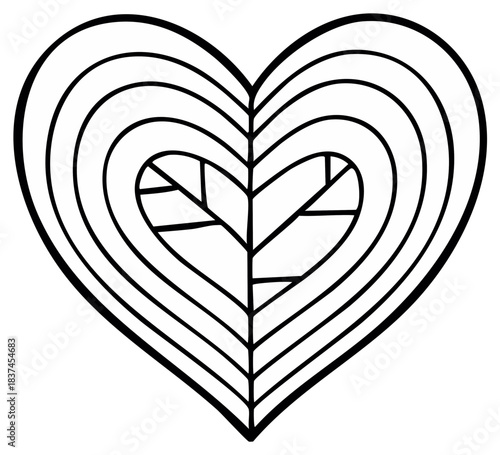Concentric heart with an inner leaf vein pattern. Black and white line art for coloring.
