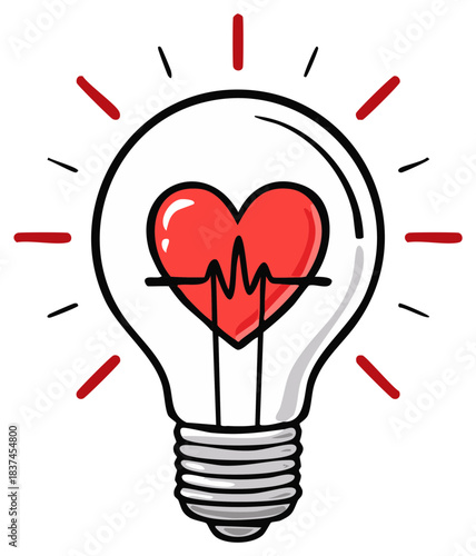 Creative light bulb with a heart and heartbeat, representing vital health ideas, medical innovation, and wellness energy.