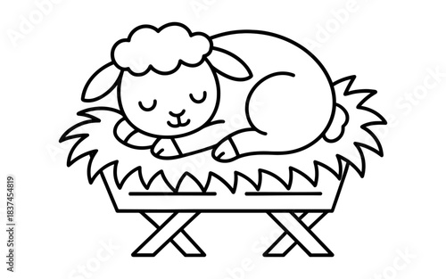 Cute sleeping lamb outline in manger for children's activity and learning
