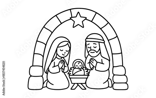Simple line art nativity scene with mary, joseph, and baby jesus under star arch
