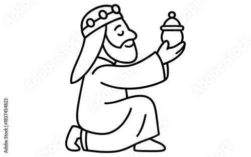 Minimal outline of kneeling wise man holding gift in christmas nativity scene