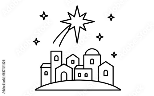 Minimalist cityscape with shooting star and night sky in linear style