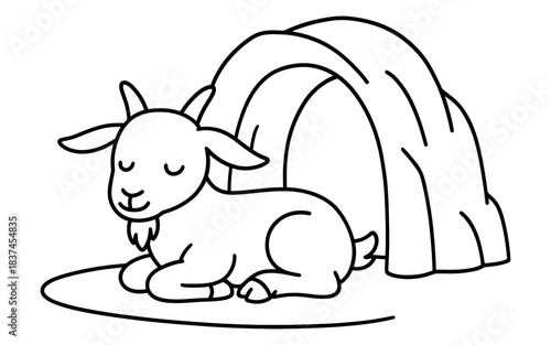 Cute goat resting calmly in front of a cozy shelter, line art