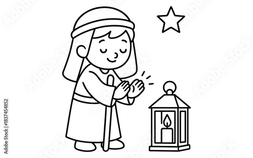 Cute nativity scene: child praying with lantern and star outline art