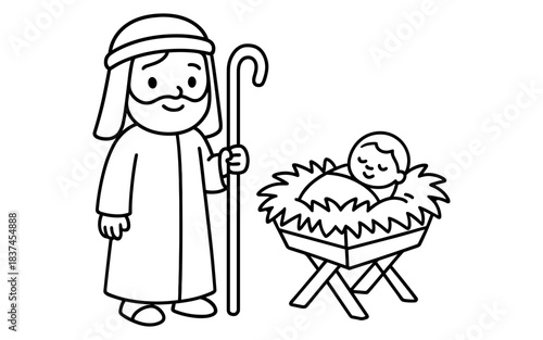 Cute cartoon nativity scene with shepherd and baby jesus in manger