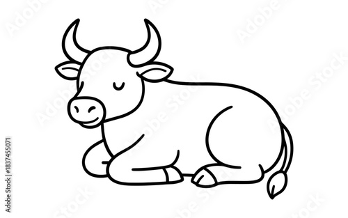 Simple linear drawing of a cute sleeping bull in a relaxed pose