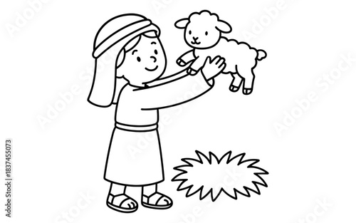 Child holding lamb: simple black and white cartoon line art