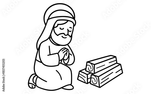 Outline style religious figure praying near logs with peaceful expression