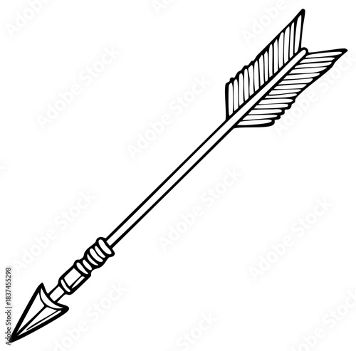 Vector Outline Drawing of a Traditional Arrow in Flight with Feathered Tail and Pointed Head