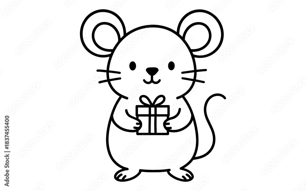 Obraz premium Cute cartoon mouse holding gift in simple black outline style