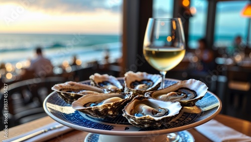 Fototapeta Naklejka Na Ścianę i Meble -  Fresh oysters on a plate with white wine at a seaside restaurant
