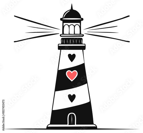 Coastal lighthouse with hearts and shining light illustration