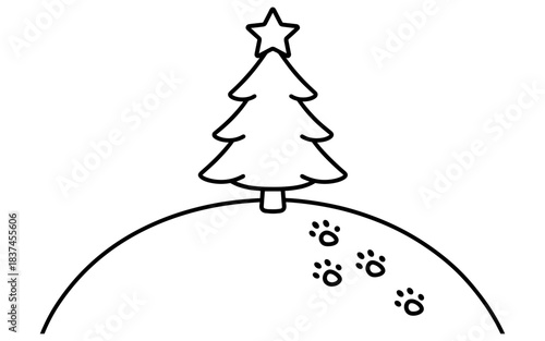 Simple holiday tree with paw prints on a snowy hilltop