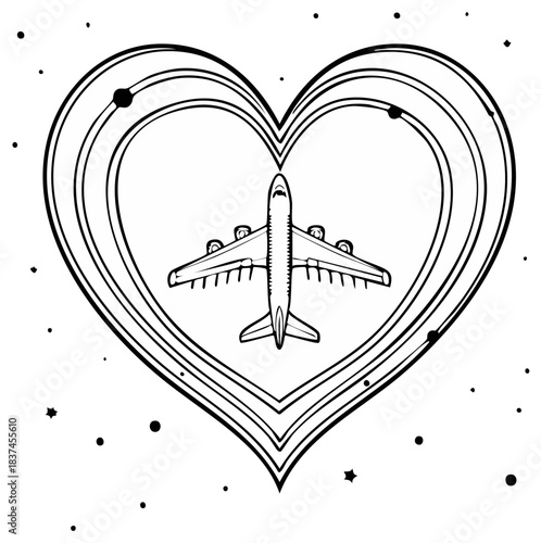 Hand drawn airplane illustration inside a heart symbol representing wanderlust and the love of travel
