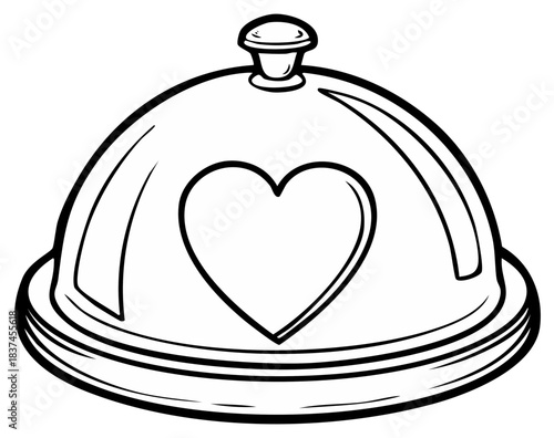 Heart shaped food cloche with decorative embellishments, simple line art