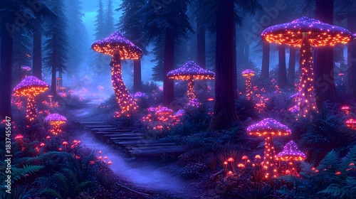 A mystical forest at twilight, featuring oversized, glowing mushrooms illuminated in vibrant purples and pinks, creating a magical atmosphere under the tall trees.