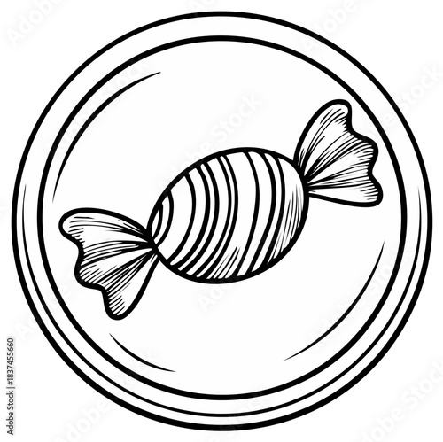 Black and white outline illustration of a wrapped candy with twisted ends inside a circular frame