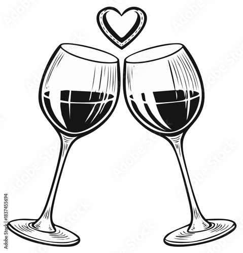 Two wine glasses toasting with a heart above for celebration or romance