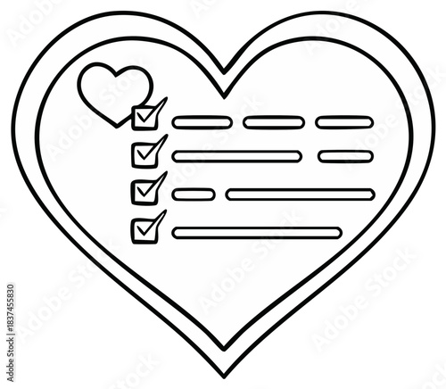 Heart-shaped task list icon with checkmarks for completed goals, wellness, or self-care achievements