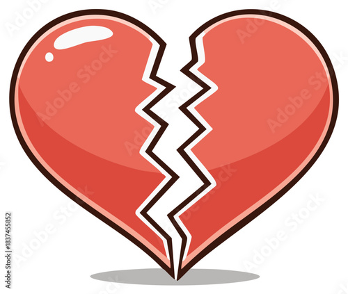 Stylized glossy red broken heart vector illustration symbolizing emotional pain, lost love, or separation