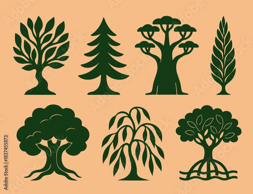 Collection of tree simple figures showcases diverse botanical forms in clean graphic style, stylized tree simple silhouettes ideal for eco projects, decor, and creative visuals.