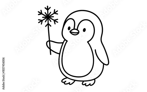 Cute penguin holding snowflake outline drawing for kids' crafts and winter activities
