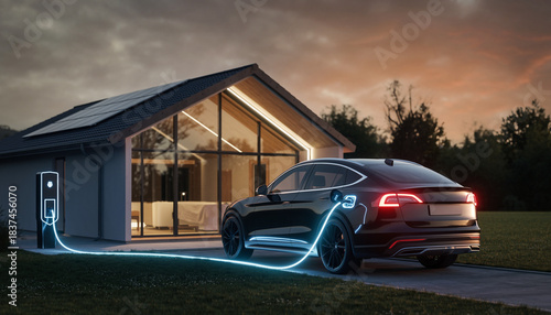 Electric vehicle bidirectional charging connected to modern eco house at dusk