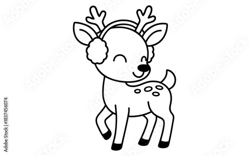 Cute reindeer with ear muffs line art for holiday coloring