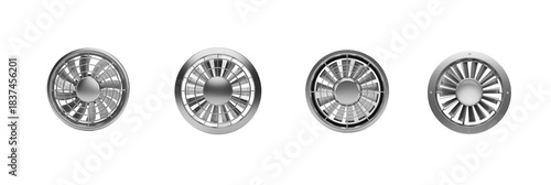 Metallic Silver Turbine Vents or Fan Blades Set, Isolated on White with Heavy Oil Paint Effect (PNG)