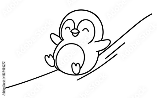 Cute penguin sliding downhill in fun black and white line art