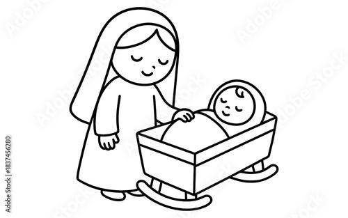 Simple line art of mother with sleeping baby in cradle