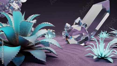 Surreal Landscape Featuring Cyan Agave Plants And Crystalline Geodes In A Purple Sand Desert With Soft Ambient Lighting And A Dark Purple Sky