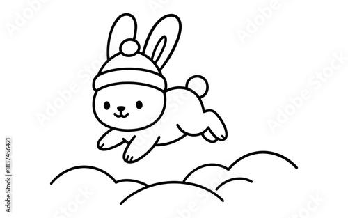 Cute bunny with winter hat leaping over snow in minimalist line art style