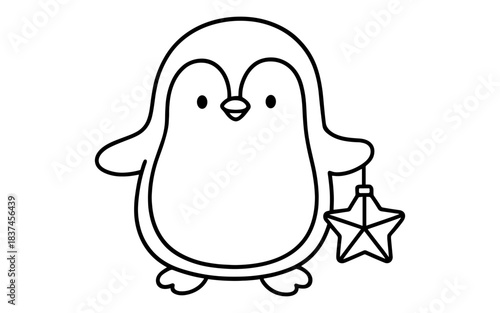 Cute penguin outline holding star for kids coloring pages