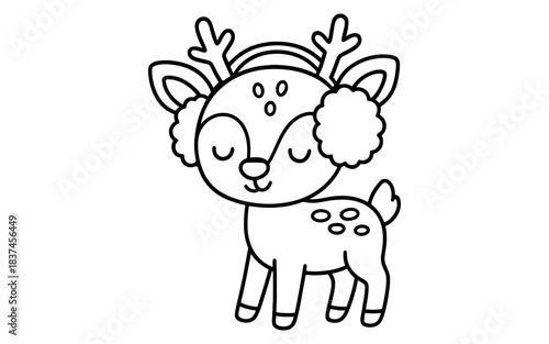 Cute cartoon deer with earmuffs in winter theme for children’s coloring activity