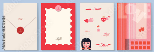 Elegant Valentine set with sealed love letter, February 14 mark and decorative frame for personal messages. Perfect for cards, invitations, stationery, templates and romantic gift design.