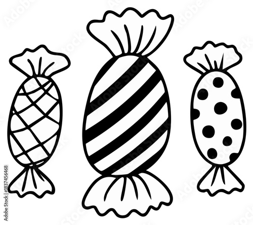 Three decorative candy confections with black and white patterns in a simple illustration style
