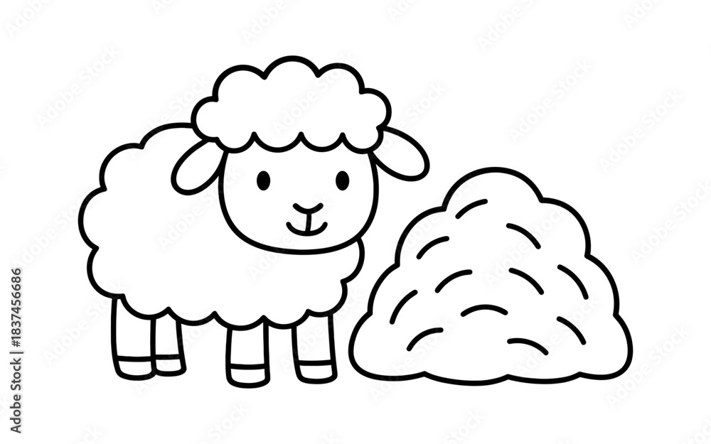 Obraz premium Cute sheep and haystack black and white line art for kids