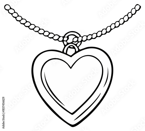 Heart shaped locket on a chain black and white line art illustration