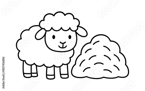 Cute sheep and haystack black and white line art for kids