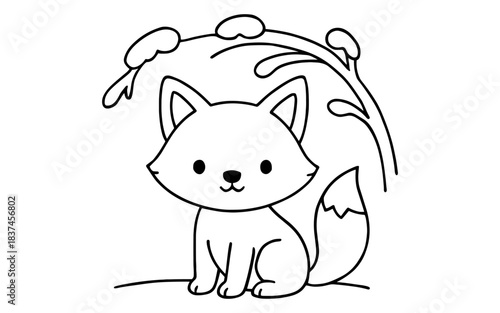 Cute fox line art with mushrooms for kids coloring book design