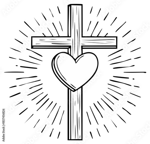 Cross with Heart and Rays Vector Illustration