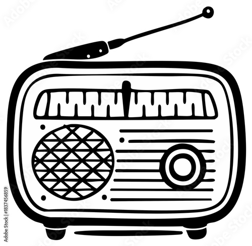 Old-fashioned Radio Receiver with Antenna, Volume Knob, and Speaker Grille in Black and White Illustration, Vintage Media Player