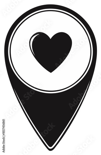 Map pin with heart icon simple black vector for favorite romantic place or love destination