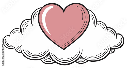 Stylized Heart Icon Surrounded by Fluffy Cloud Silhouette Vector Illustration