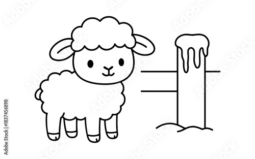 Cute cartoon sheep with fence in simple black and white outline