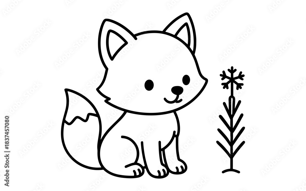 Obraz premium Cute line art of smiling fox with simple plant design